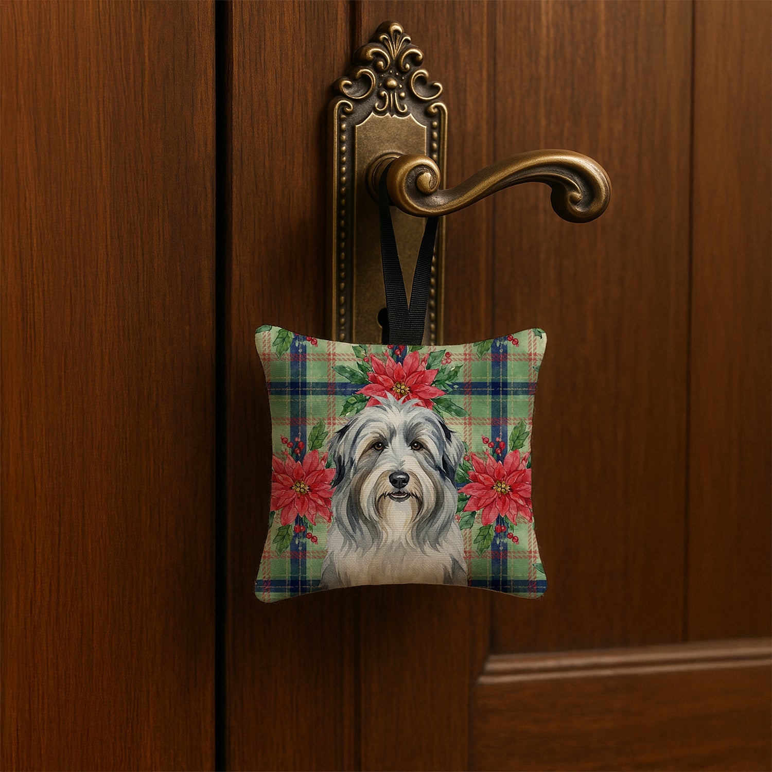 Bearded Collie Christmas PoinsettIas Hanging Square Fabric Ornament 3.5 � 3.5 Decorative Door-Knob & Tree Hanger, Soft Fabric