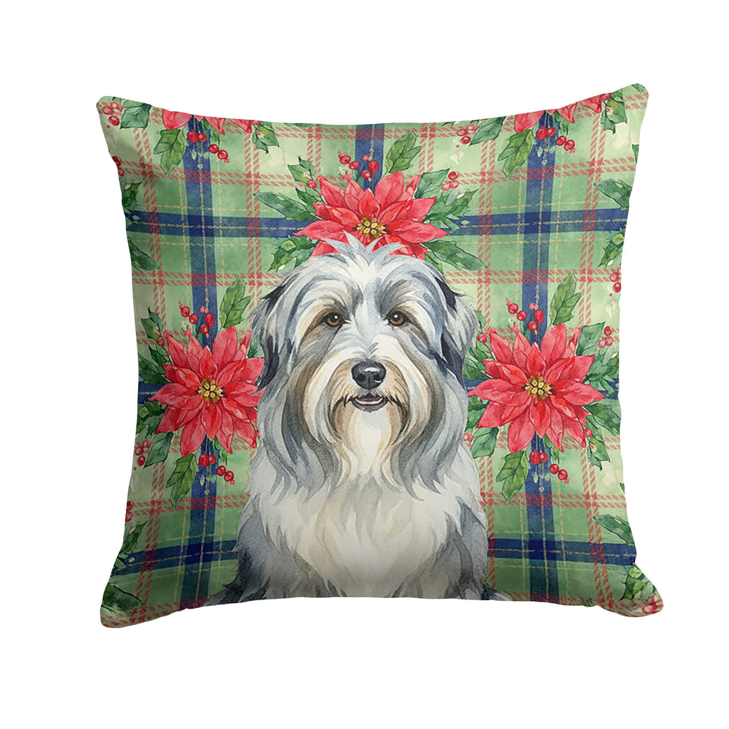 Bearded Collie Christmas PoinsettIas Decorative Throw Pillow 14x14 Indoor Outdoor Accent Cushion, Fabric Cover with Insert for Sofa, Bed, Porch & Living Room