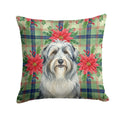 Bearded Collie Christmas PoinsettIas Decorative Throw Pillow 18x18 Indoor Outdoor Accent Cushion, Fabric Cover with Insert for Sofa, Bed, Porch & Living Room