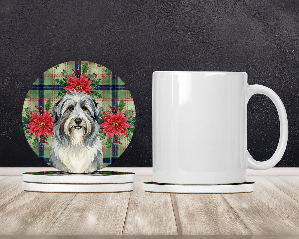 Bearded Collie Christmas PoinsettIas Large Sandstone Coasters Pack of 4 Absorbent Round Coasters Decor Gifts for Men or Women, 4 in, Multicolor