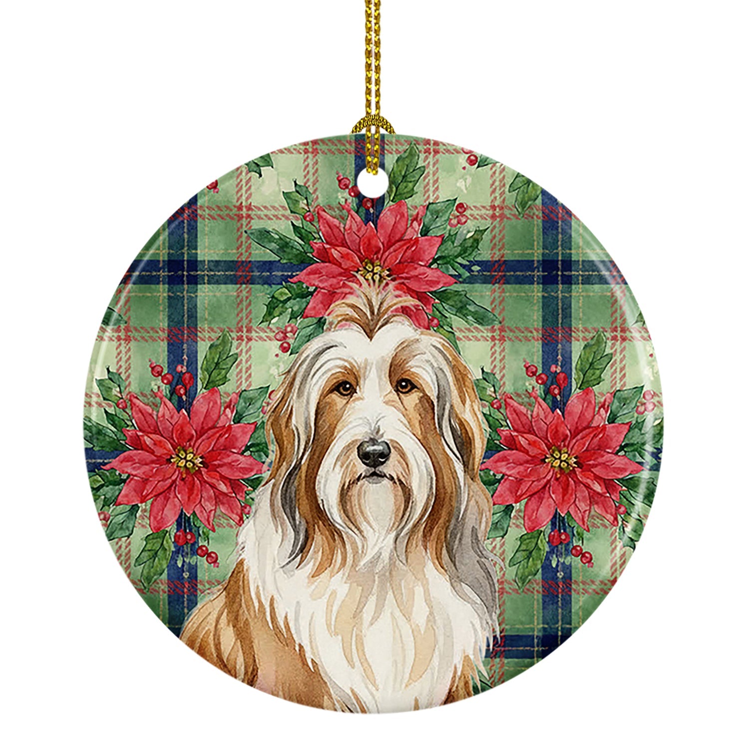 Fawn Bearded Collie Christmas PoinsettIas Ceramic Ornament Christmas Tree Hanging Decorations for Home Christmas Holiday, Party, Gift, 3 in, Multicolor