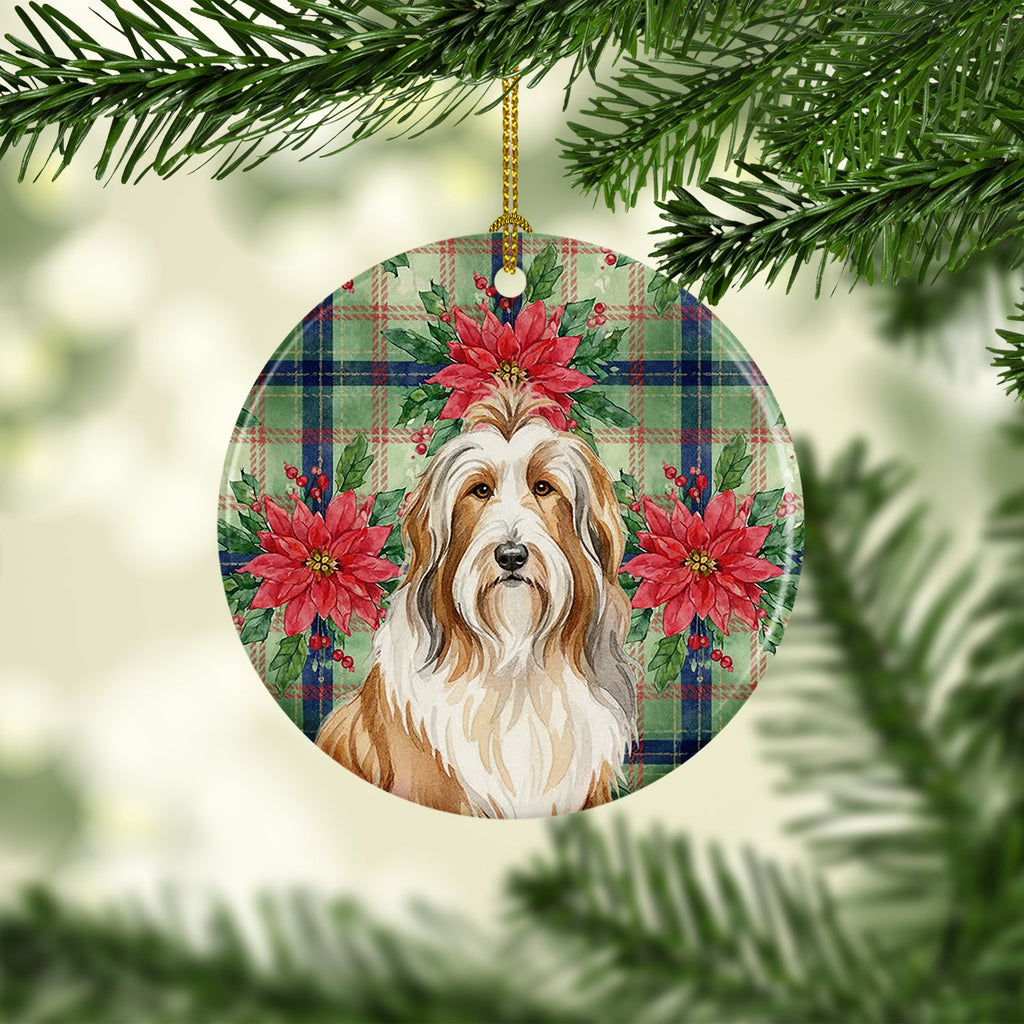 Fawn Bearded Collie Christmas PoinsettIas Ceramic Ornament Christmas Tree Hanging Decorations for Home Christmas Holiday, Party, Gift, 3 in, Multicolor