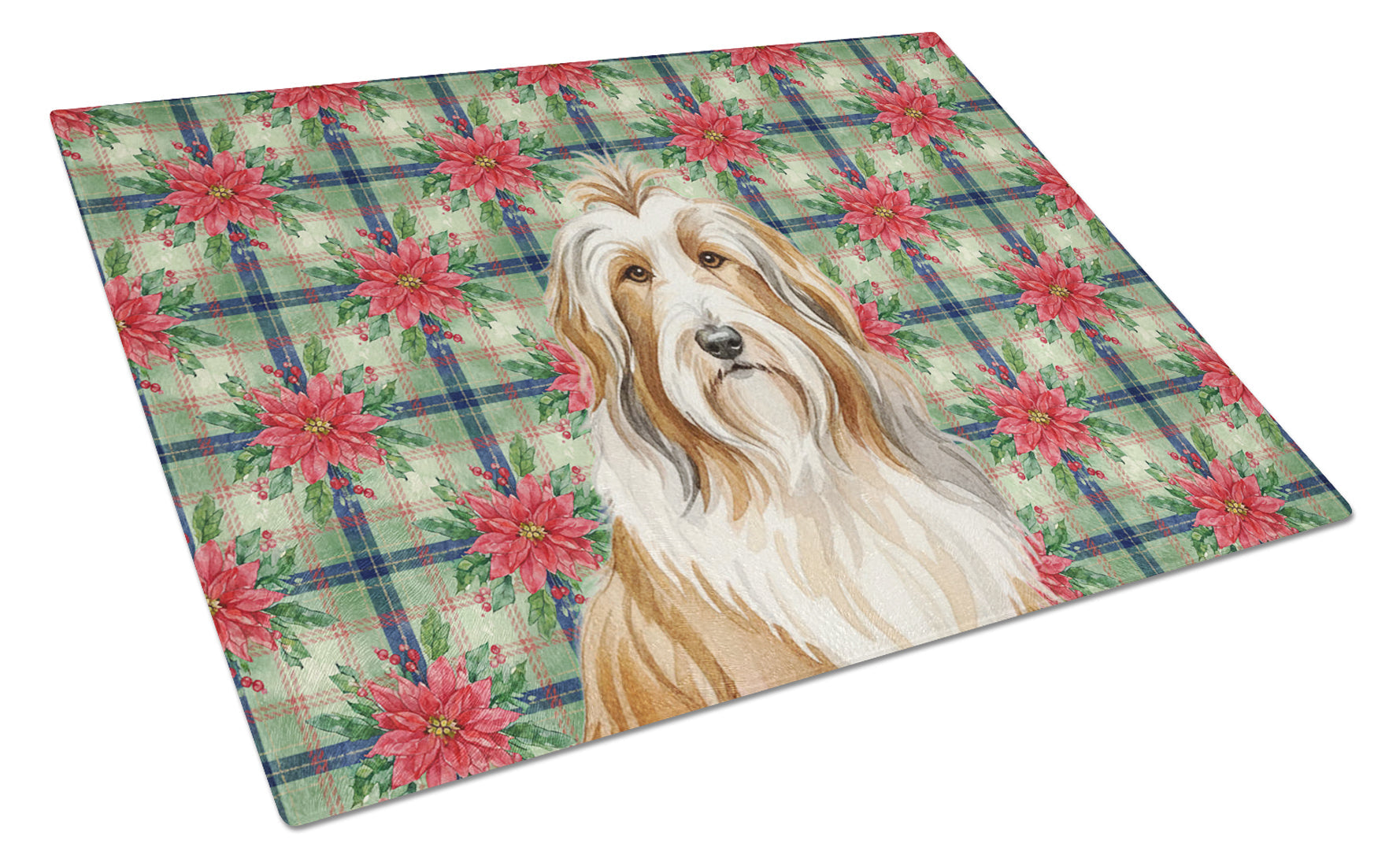 Fawn Bearded Collie Christmas PoinsettIas Cutting Board Tempered Glass Kitchen Cutting Surface, Heat Resistant Chopping, Non-Slip Feet, Food Prep & Serving