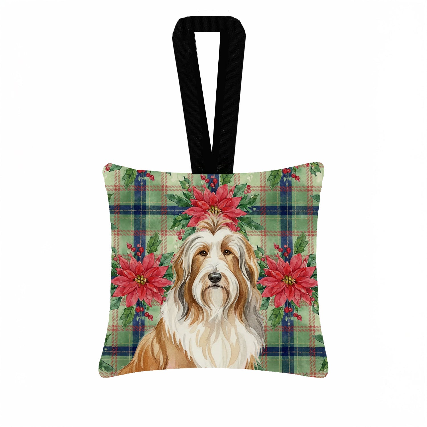 Fawn Bearded Collie Christmas PoinsettIas Hanging Square Fabric Ornament 3.5 � 3.5 Decorative Door-Knob & Tree Hanger, Soft Fabric