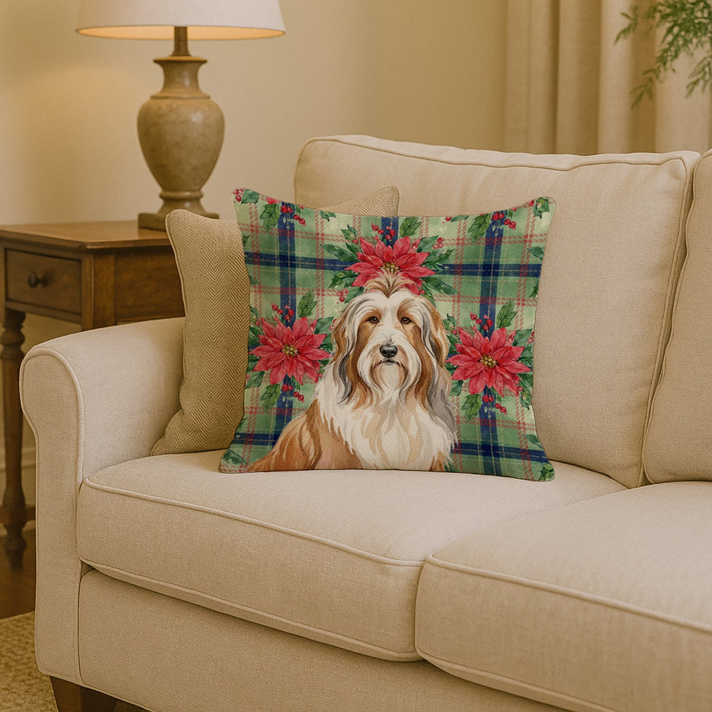 Fawn Bearded Collie Christmas PoinsettIas Decorative Throw Pillow 14x14 Indoor Outdoor Accent Cushion, Fabric Cover with Insert for Sofa, Bed, Porch & Living Room