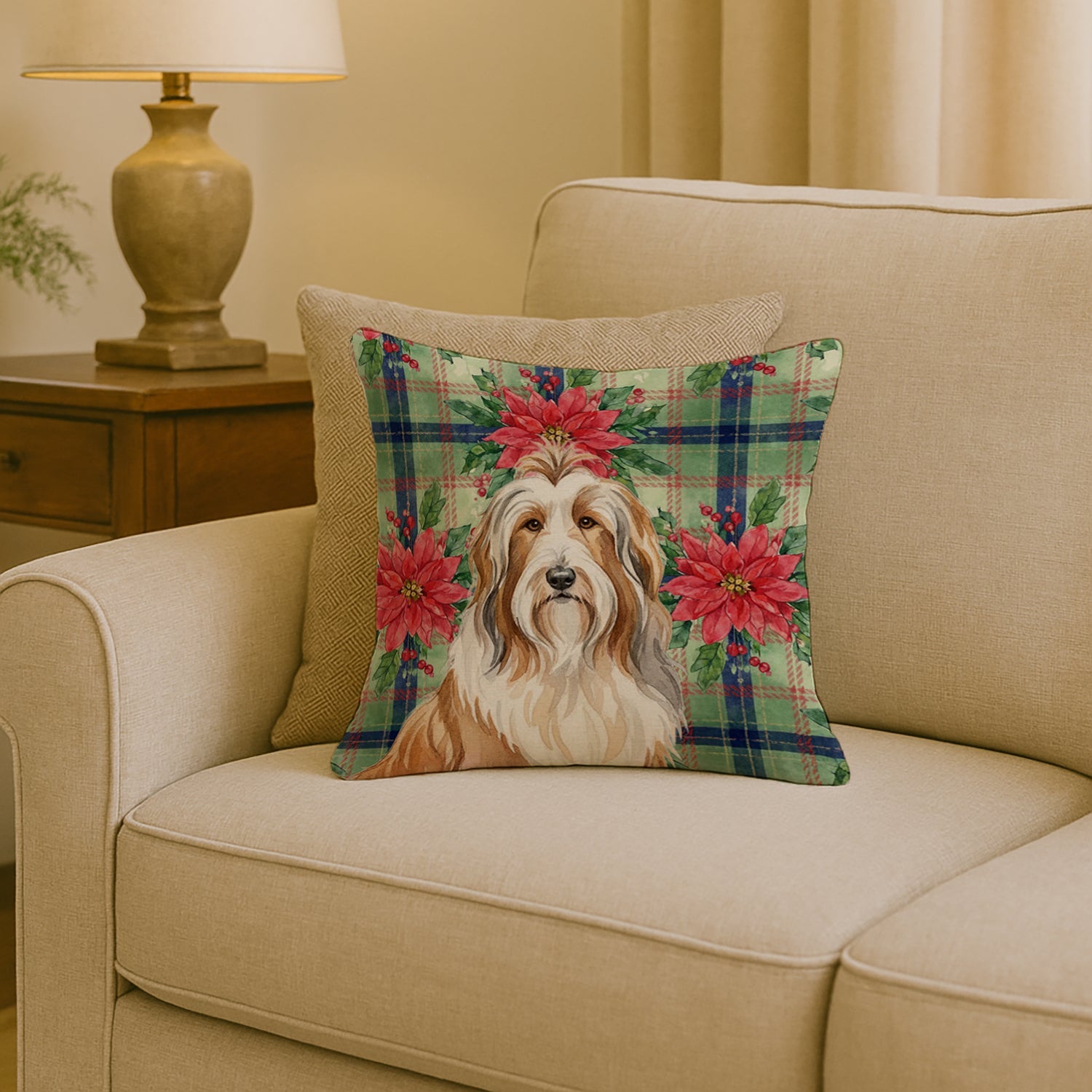 Fawn Bearded Collie Christmas PoinsettIas Decorative Throw Pillow 18x18 Indoor Outdoor Accent Cushion, Fabric Cover with Insert for Sofa, Bed, Porch & Living Room