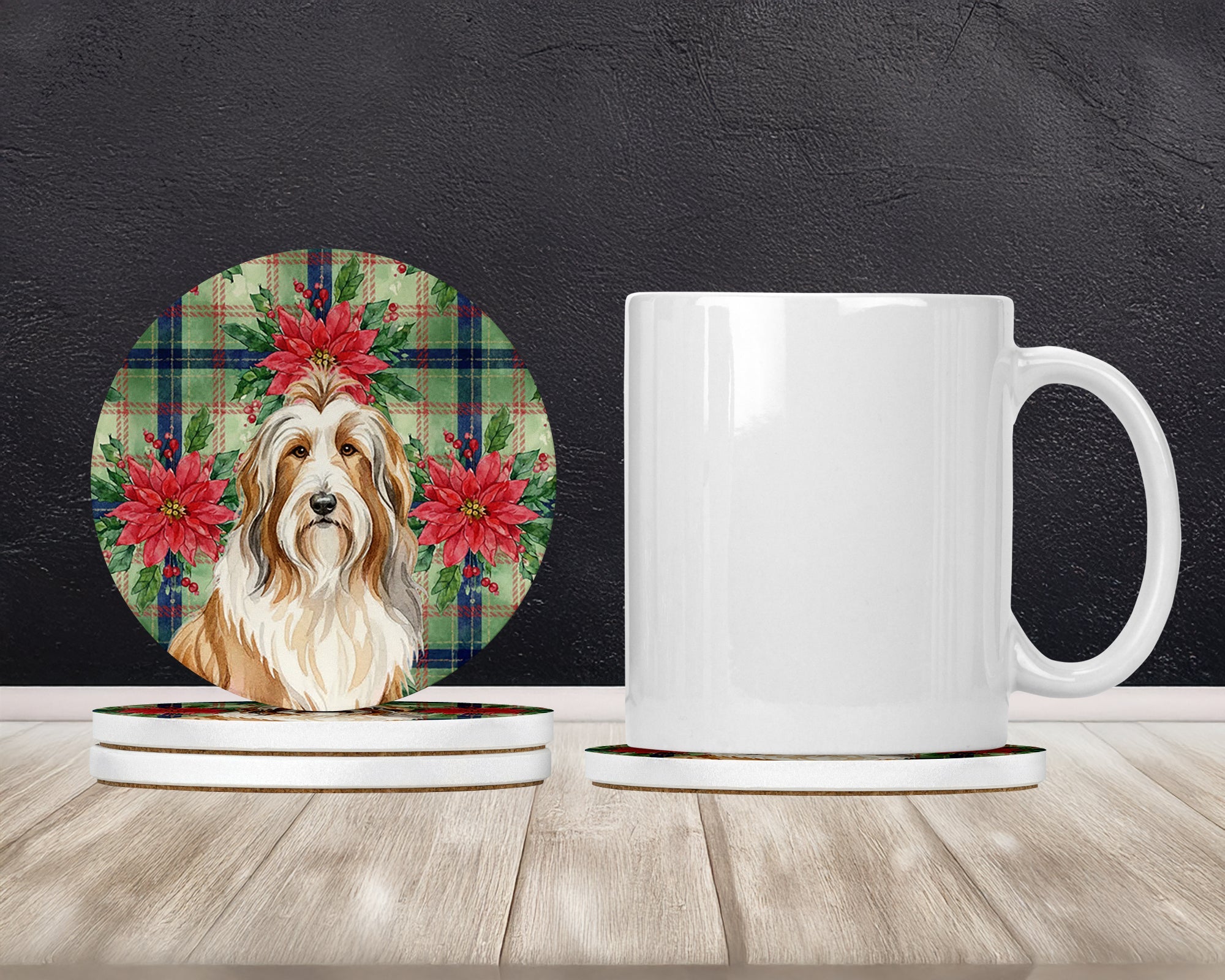 Fawn Bearded Collie Christmas PoinsettIas Large Sandstone Coasters Pack of 4 Absorbent Round Coasters Decor Gifts for Men or Women, 4 in, Multicolor