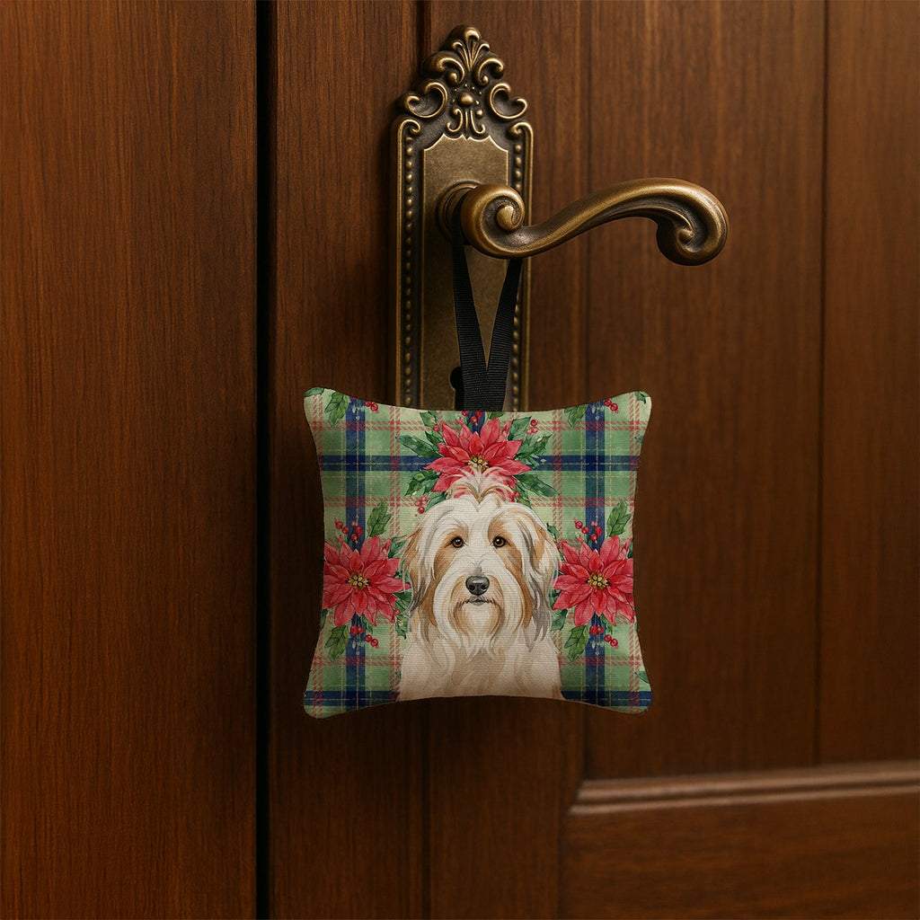 White and Tan Bearded Collie Christmas PoinsettIas Hanging Square Fabric Ornament 3.5 � 3.5 Decorative Door-Knob & Tree Hanger, Soft Fabric