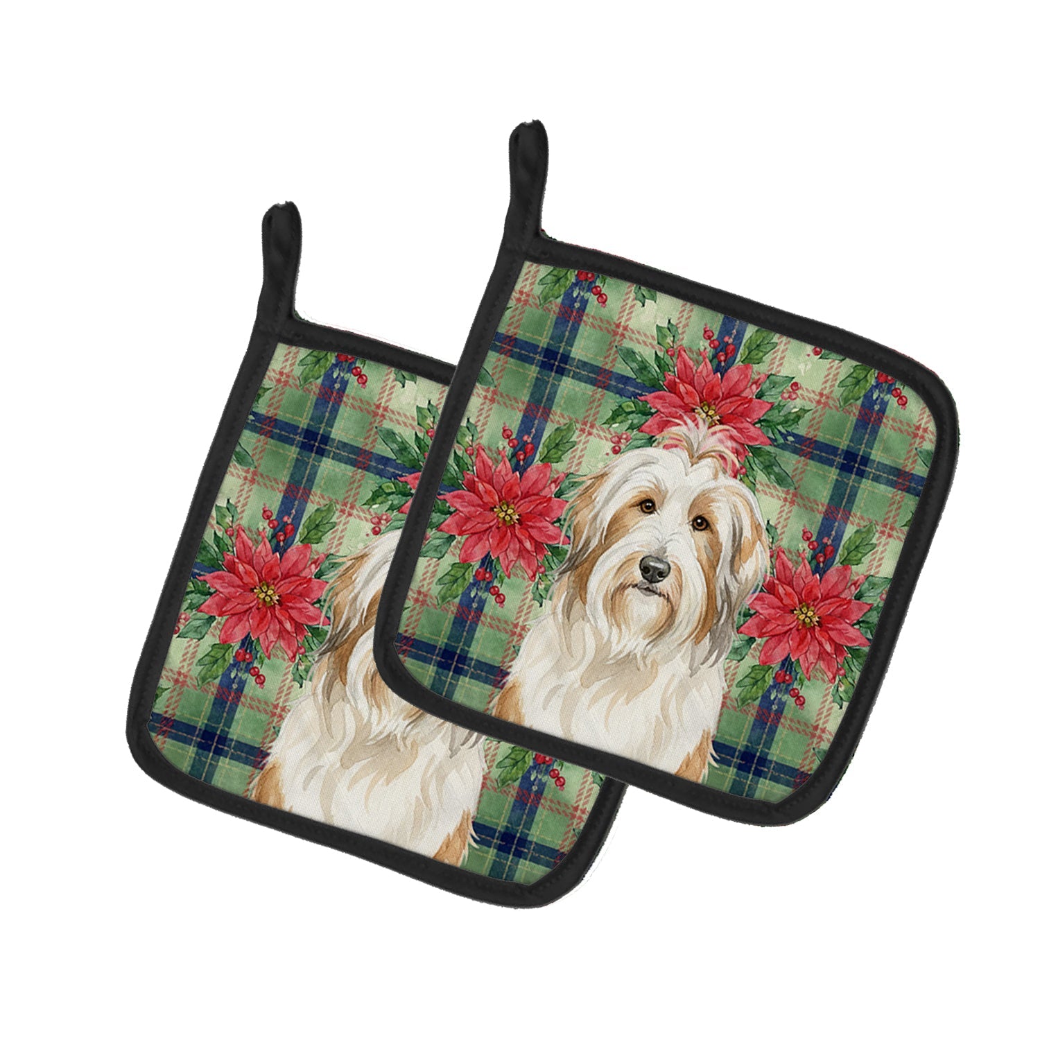 White and Tan Bearded Collie Christmas PoinsettIas Pot Holder Set of 2 Heat Resistant Quilted Hot Pads 7.5 x 7.5 Inch, Insulated Kitchen Trivets for Cooking & Baking
