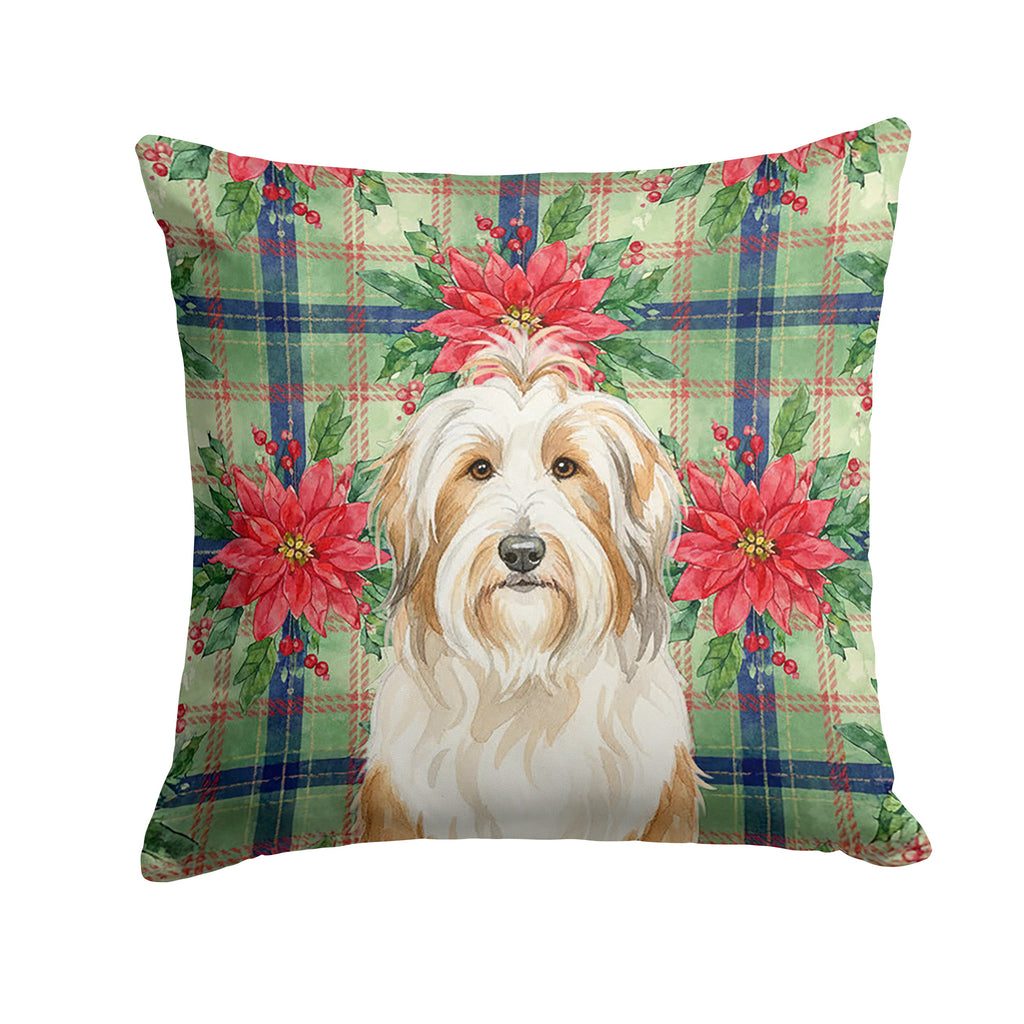White and Tan Bearded Collie Christmas PoinsettIas Decorative Throw Pillow 18x18 Indoor Outdoor Accent Cushion, Fabric Cover with Insert for Sofa, Bed, Porch & Living Room