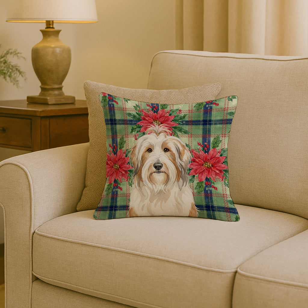 White and Tan Bearded Collie Christmas PoinsettIas Decorative Throw Pillow 18x18 Indoor Outdoor Accent Cushion, Fabric Cover with Insert for Sofa, Bed, Porch & Living Room