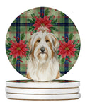 White and Tan Bearded Collie Christmas PoinsettIas Large Sandstone Coasters Pack of 4 Absorbent Round Coasters Decor Gifts for Men or Women, 4 in, Multicolor