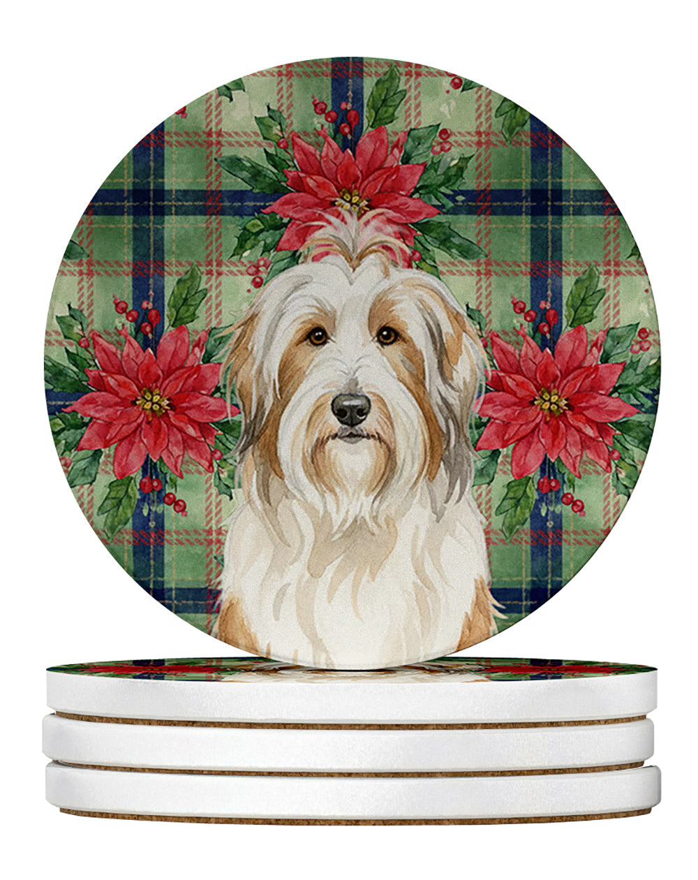 White and Tan Bearded Collie Christmas PoinsettIas Large Sandstone Coasters Pack of 4 Absorbent Round Coasters Decor Gifts for Men or Women, 4 in, Multicolor