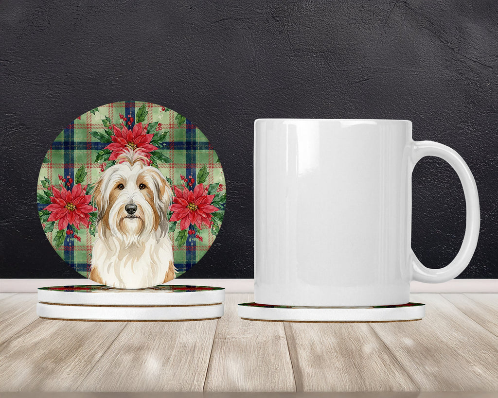 White and Tan Bearded Collie Christmas PoinsettIas Large Sandstone Coasters Pack of 4 Absorbent Round Coasters Decor Gifts for Men or Women, 4 in, Multicolor