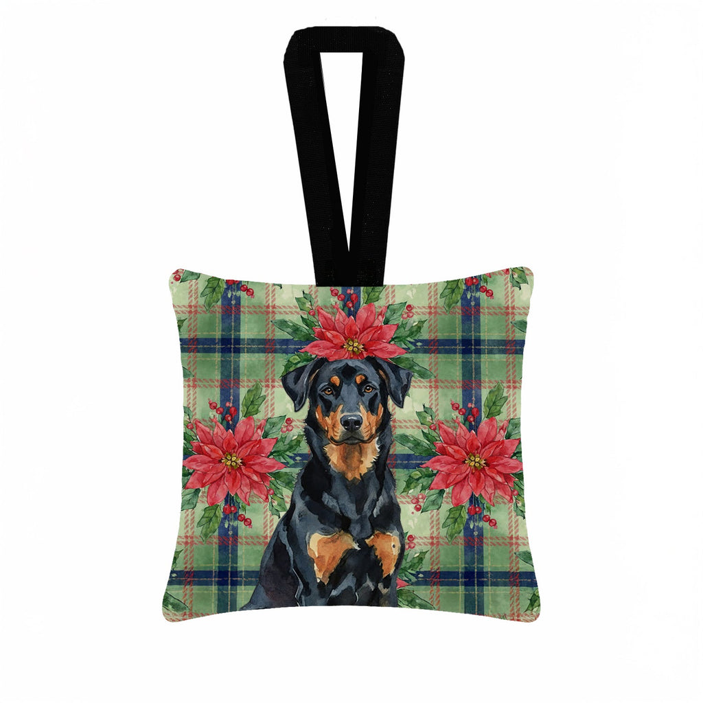 Beauceron Christmas PoinsettIas Hanging Square Fabric Ornament 3.5 � 3.5 Decorative Door-Knob & Tree Hanger, Soft Fabric