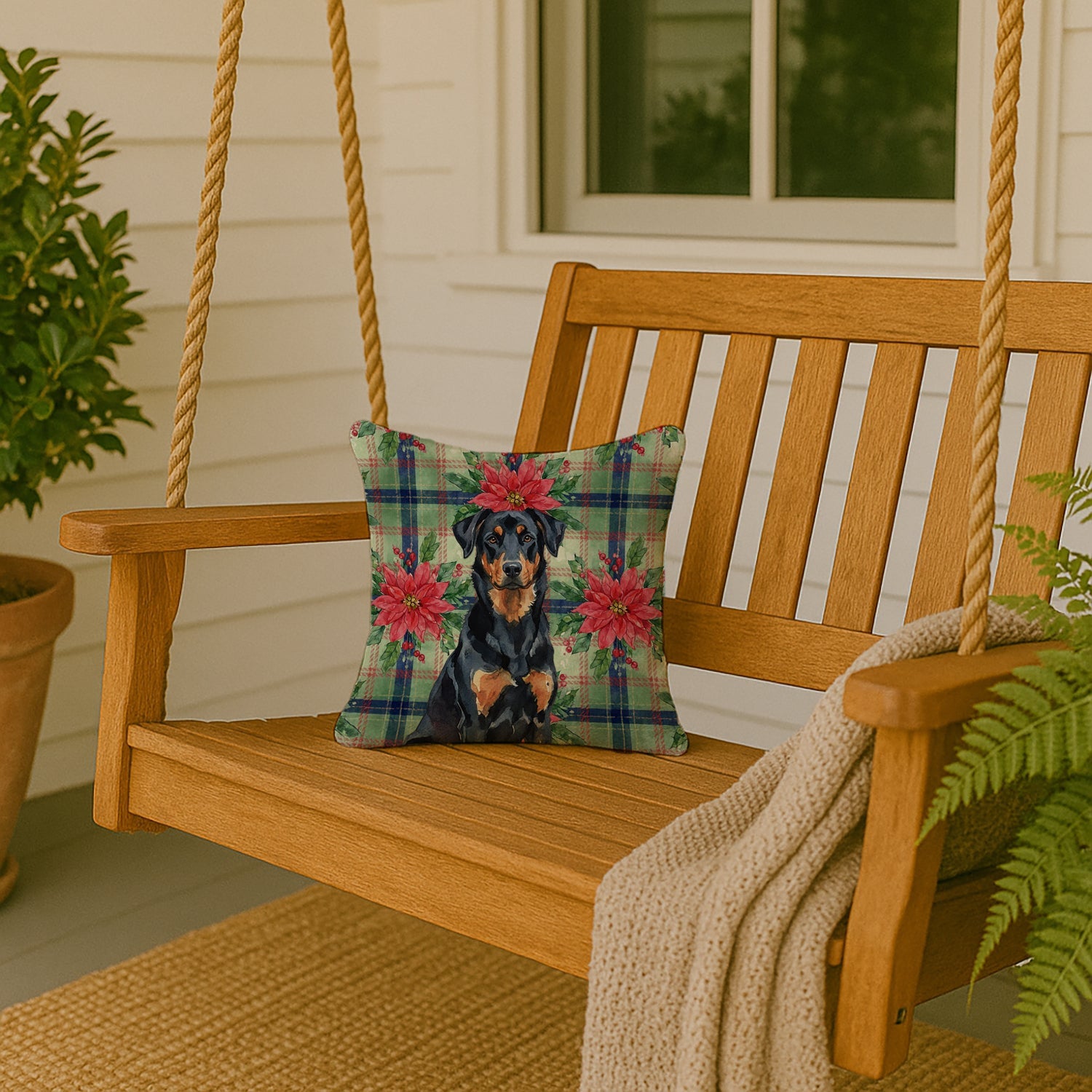 Beauceron Christmas PoinsettIas Decorative Throw Pillow 14x14 Indoor Outdoor Accent Cushion, Fabric Cover with Insert for Sofa, Bed, Porch & Living Room