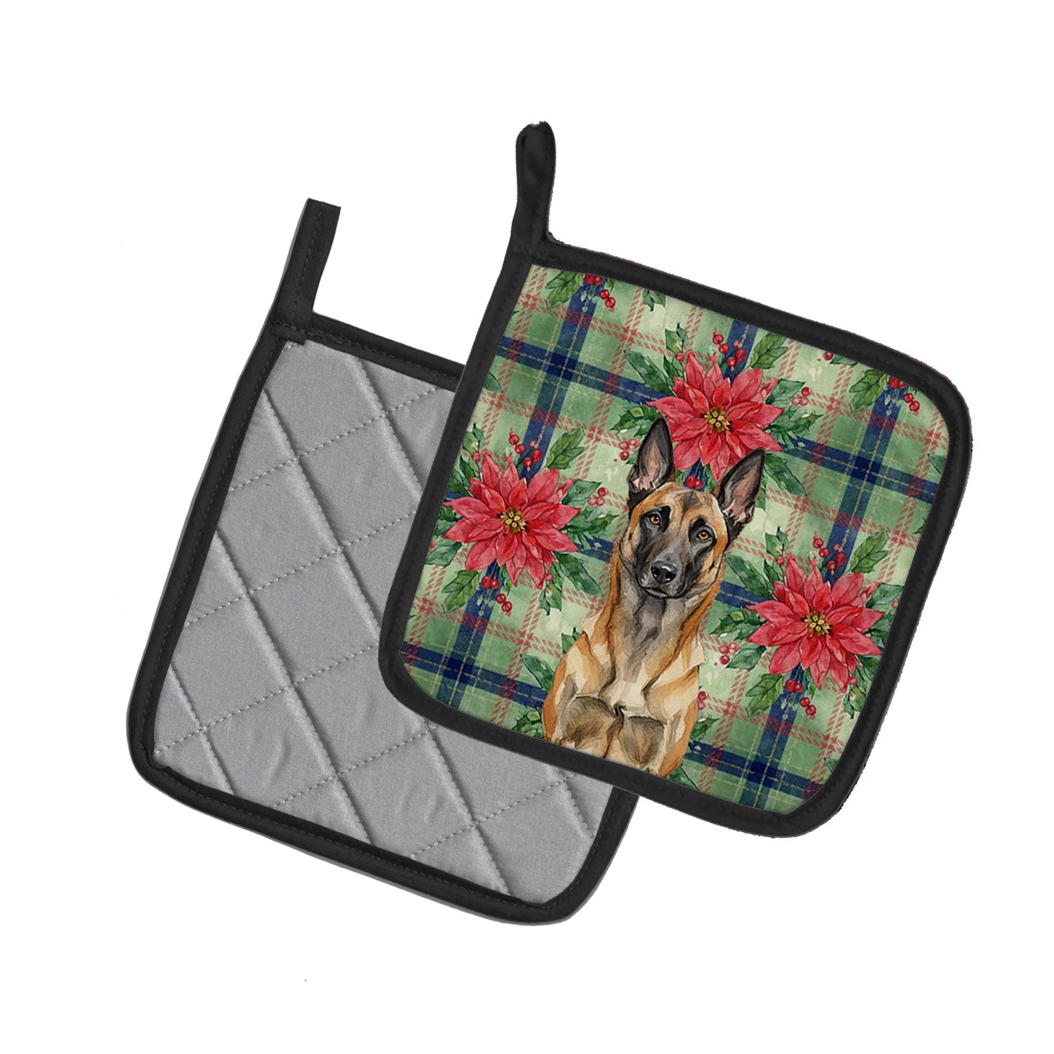 Belgian Malinois Christmas PoinsettIas Pot Holder Set of 2 Heat Resistant Quilted Hot Pads 7.5 x 7.5 Inch, Insulated Kitchen Trivets for Cooking & Baking
