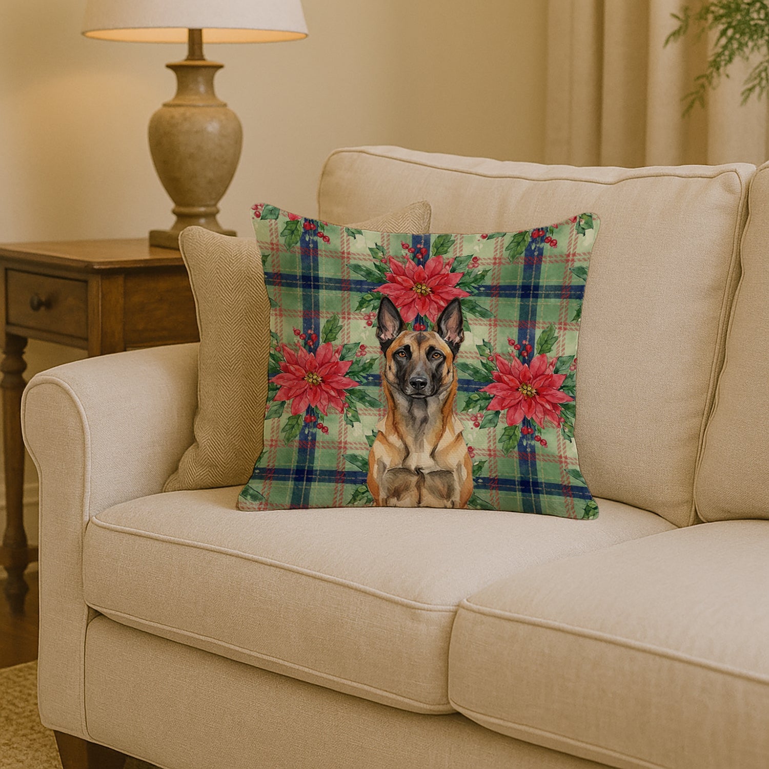 Belgian Malinois Christmas PoinsettIas Decorative Throw Pillow 14x14 Indoor Outdoor Accent Cushion, Fabric Cover with Insert for Sofa, Bed, Porch & Living Room