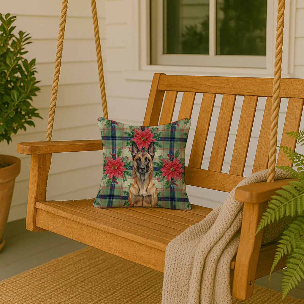 Belgian Malinois Christmas PoinsettIas Decorative Throw Pillow 14x14 Indoor Outdoor Accent Cushion, Fabric Cover with Insert for Sofa, Bed, Porch & Living Room
