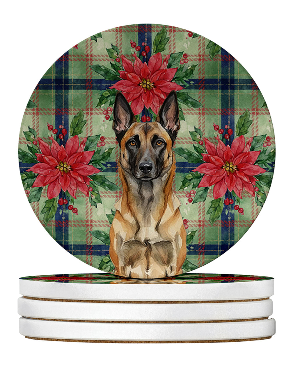 Belgian Malinois Christmas PoinsettIas Large Sandstone Coasters Pack of 4 Absorbent Round Coasters Decor Gifts for Men or Women, 4 in, Multicolor