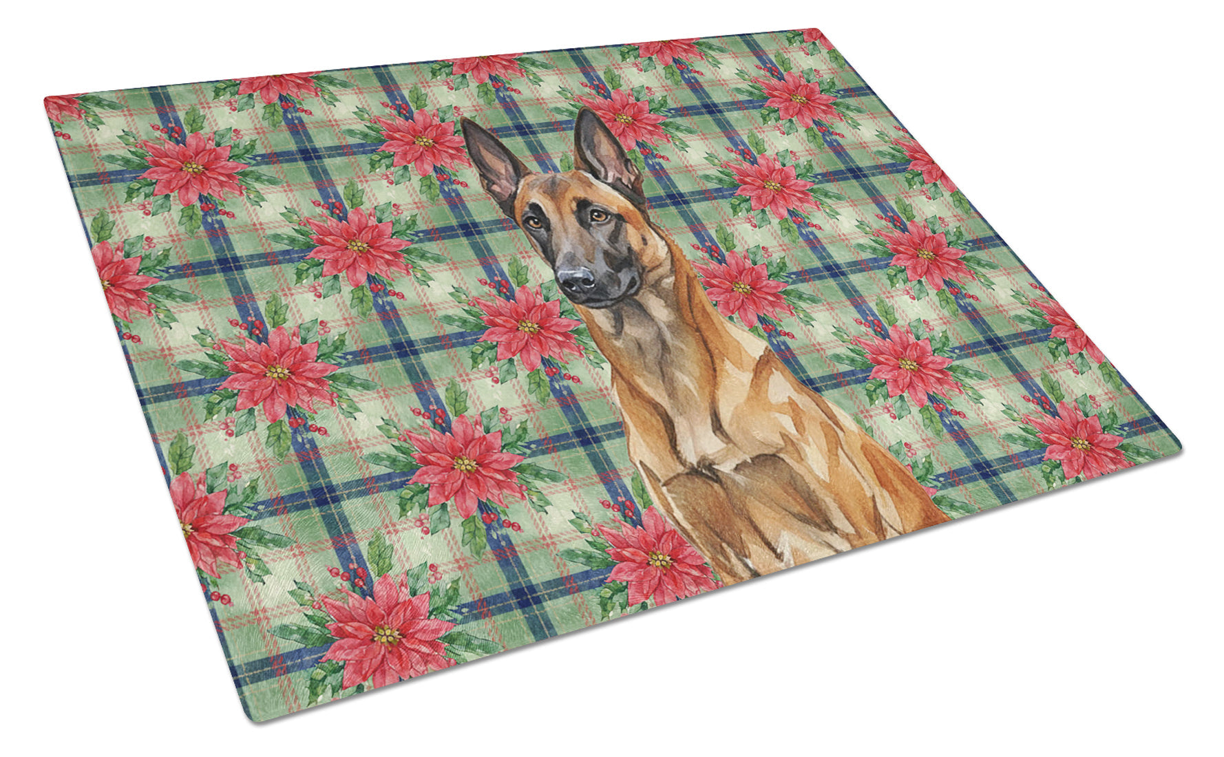 Mahogany Belgian Malinois Christmas PoinsettIas Cutting Board Tempered Glass Kitchen Cutting Surface, Heat Resistant Chopping, Non-Slip Feet, Food Prep & Serving
