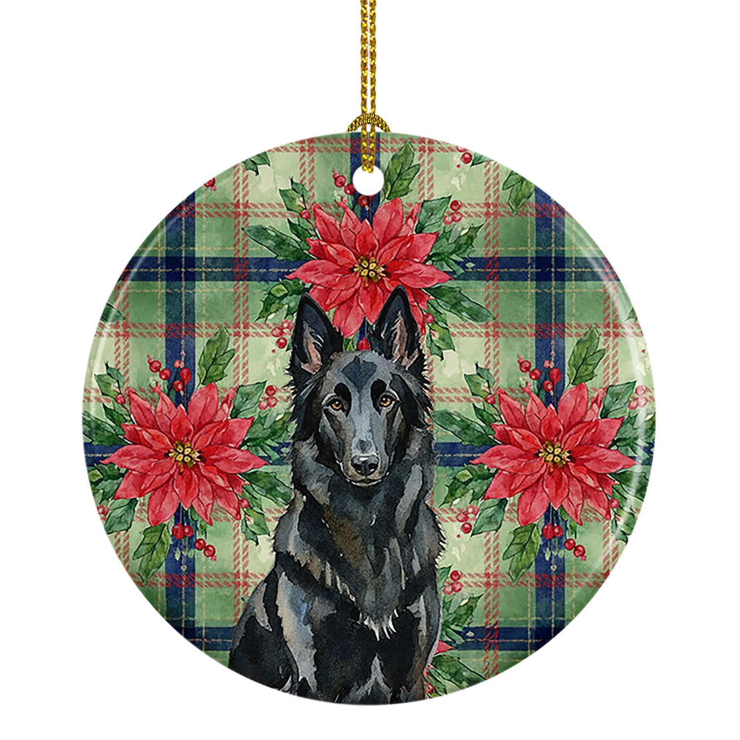 Belgian Sheepdog Groenendael Christmas PoinsettIas Ceramic Ornament Christmas Tree Hanging Decorations for Home Christmas Holiday, Party, Gift, 3 in, Multicolor
