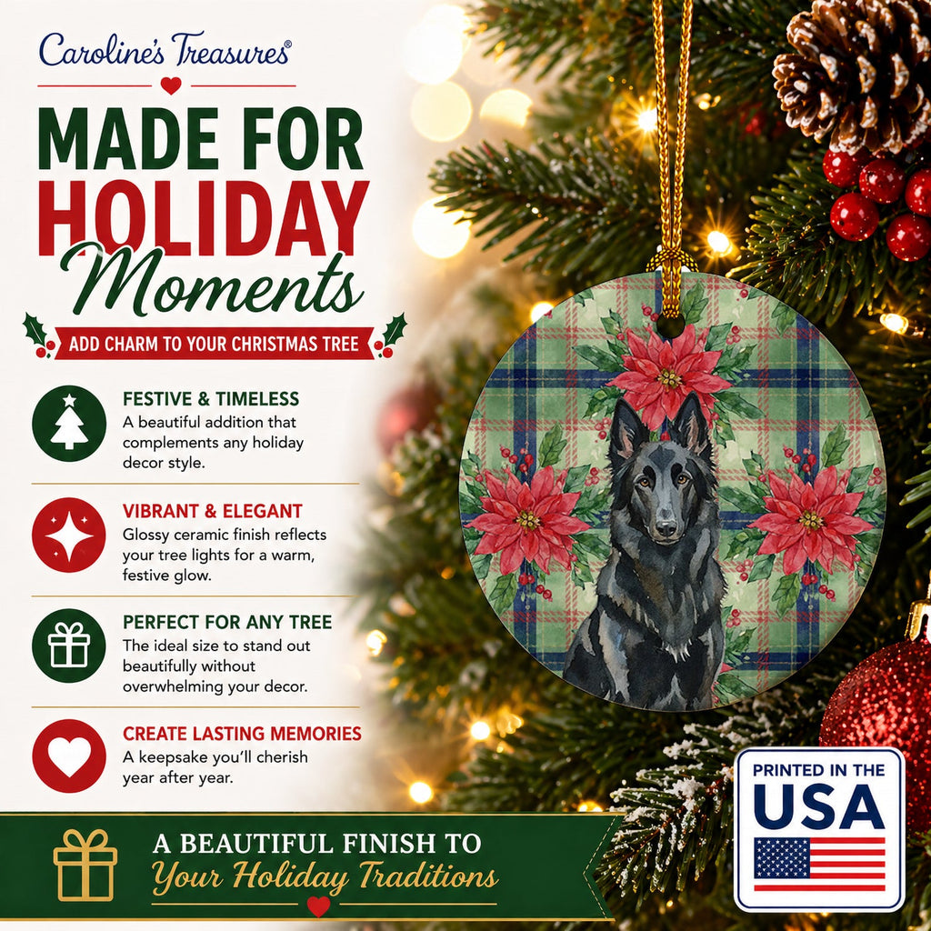 Belgian Sheepdog Groenendael Christmas PoinsettIas Ceramic Ornament Christmas Tree Hanging Decorations for Home Christmas Holiday, Party, Gift, 3 in, Multicolor