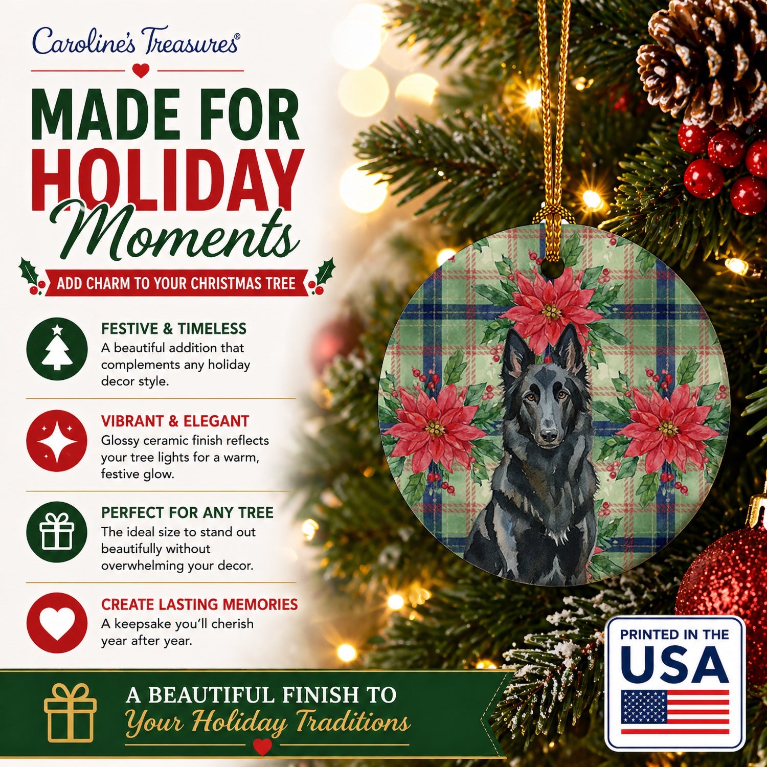 Belgian Sheepdog Groenendael Christmas PoinsettIas Ceramic Ornament Christmas Tree Hanging Decorations for Home Christmas Holiday, Party, Gift, 3 in, Multicolor