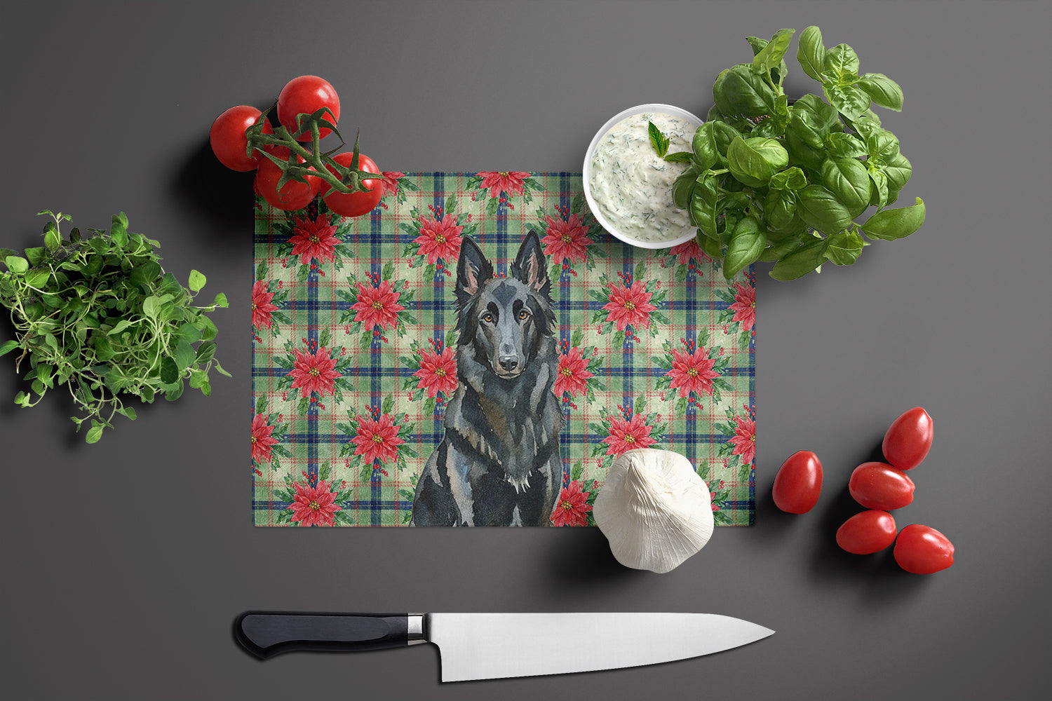 Belgian Sheepdog Groenendael Christmas PoinsettIas Cutting Board Tempered Glass Kitchen Cutting Surface, Heat Resistant Chopping, Non-Slip Feet, Food Prep & Serving
