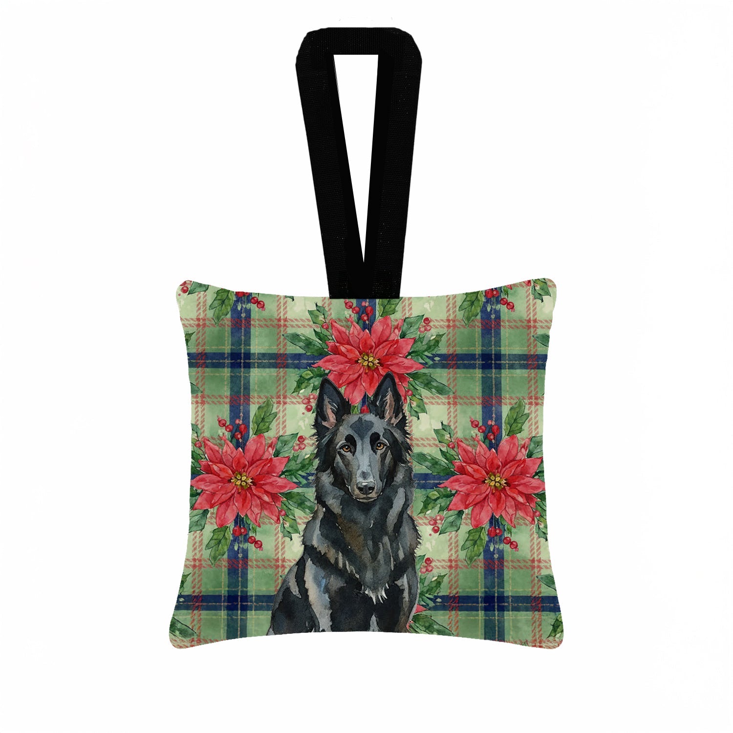Belgian Sheepdog Groenendael Christmas PoinsettIas Hanging Square Fabric Ornament 3.5 � 3.5 Decorative Door-Knob & Tree Hanger, Soft Fabric