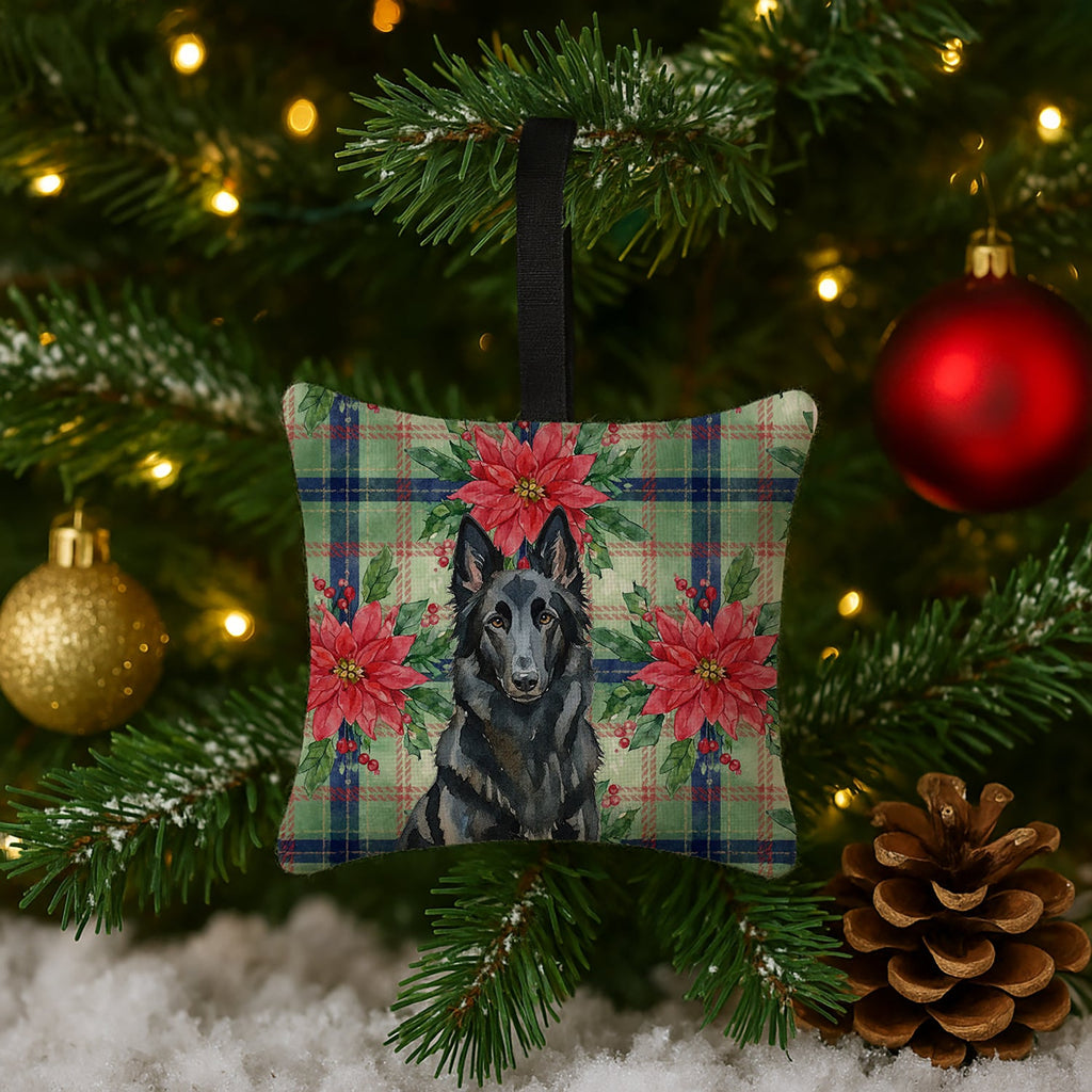 Belgian Sheepdog Groenendael Christmas PoinsettIas Hanging Square Fabric Ornament 3.5 � 3.5 Decorative Door-Knob & Tree Hanger, Soft Fabric