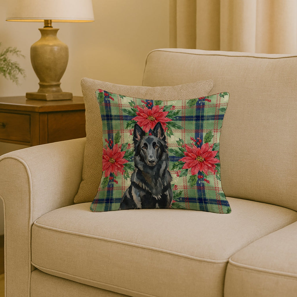 Belgian Sheepdog Groenendael Christmas PoinsettIas Decorative Throw Pillow 18x18 Indoor Outdoor Accent Cushion, Fabric Cover with Insert for Sofa, Bed, Porch & Living Room