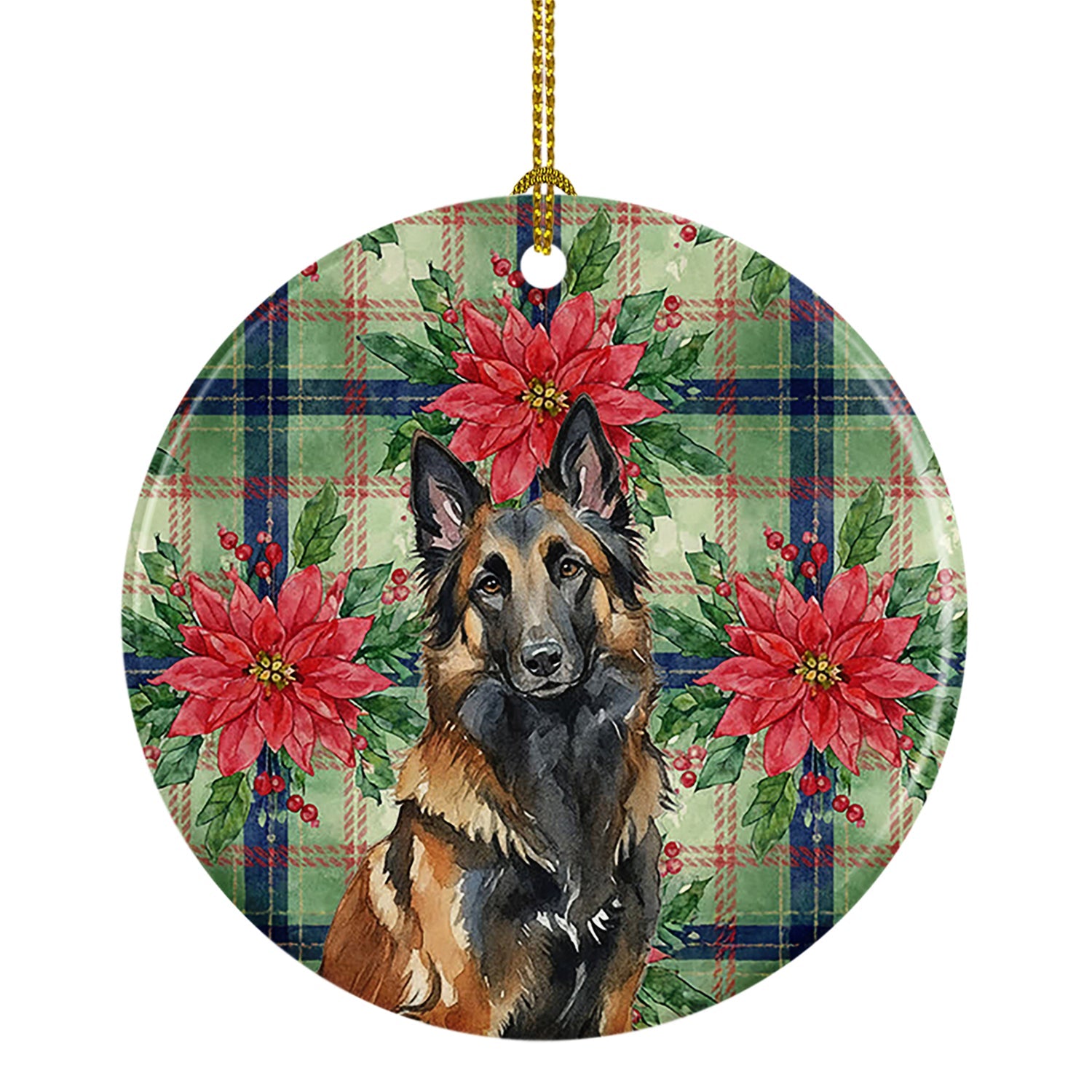 Belgian Tervuren Christmas PoinsettIas Ceramic Ornament Christmas Tree Hanging Decorations for Home Christmas Holiday, Party, Gift, 3 in, Multicolor