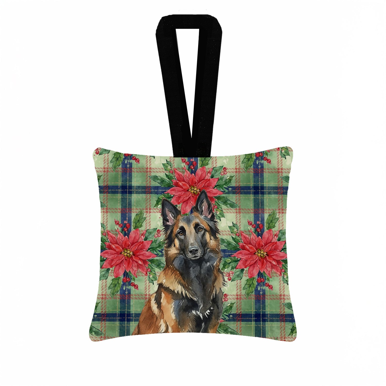 Belgian Tervuren Christmas PoinsettIas Hanging Square Fabric Ornament 3.5 � 3.5 Decorative Door-Knob & Tree Hanger, Soft Fabric