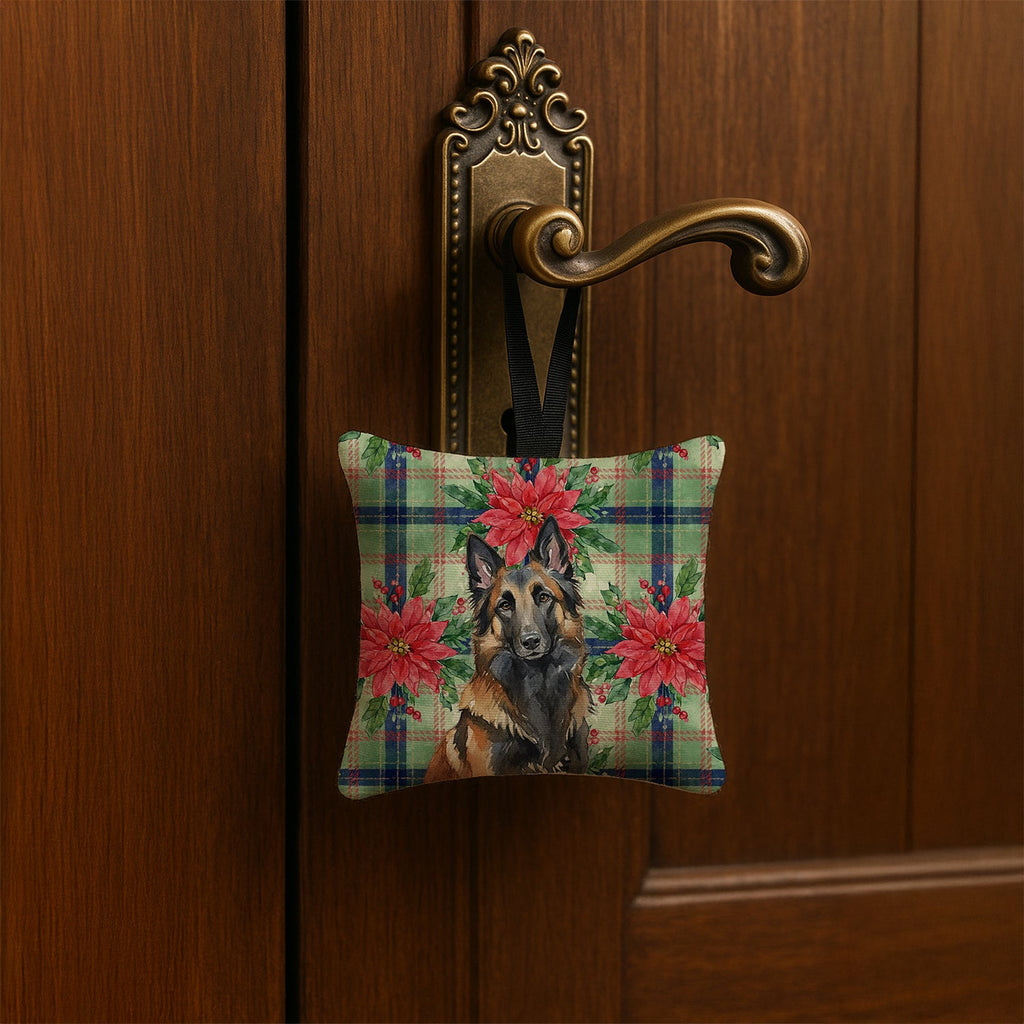 Belgian Tervuren Christmas PoinsettIas Hanging Square Fabric Ornament 3.5 � 3.5 Decorative Door-Knob & Tree Hanger, Soft Fabric
