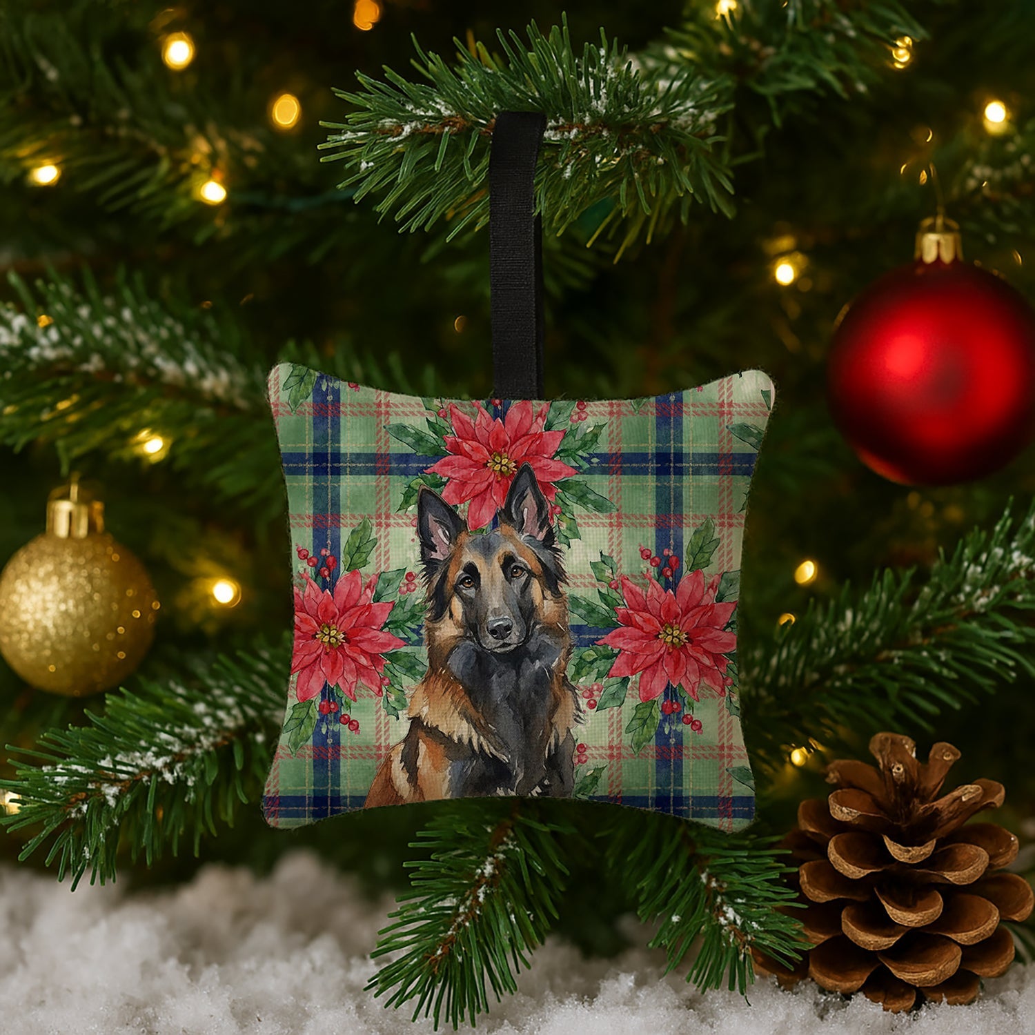 Belgian Tervuren Christmas PoinsettIas Hanging Square Fabric Ornament 3.5 � 3.5 Decorative Door-Knob & Tree Hanger, Soft Fabric
