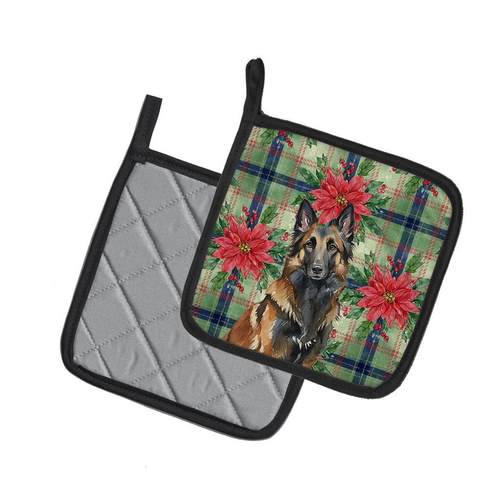 Belgian Tervuren Christmas PoinsettIas Pot Holder Set of 2 Heat Resistant Quilted Hot Pads 7.5 x 7.5 Inch, Insulated Kitchen Trivets for Cooking & Baking