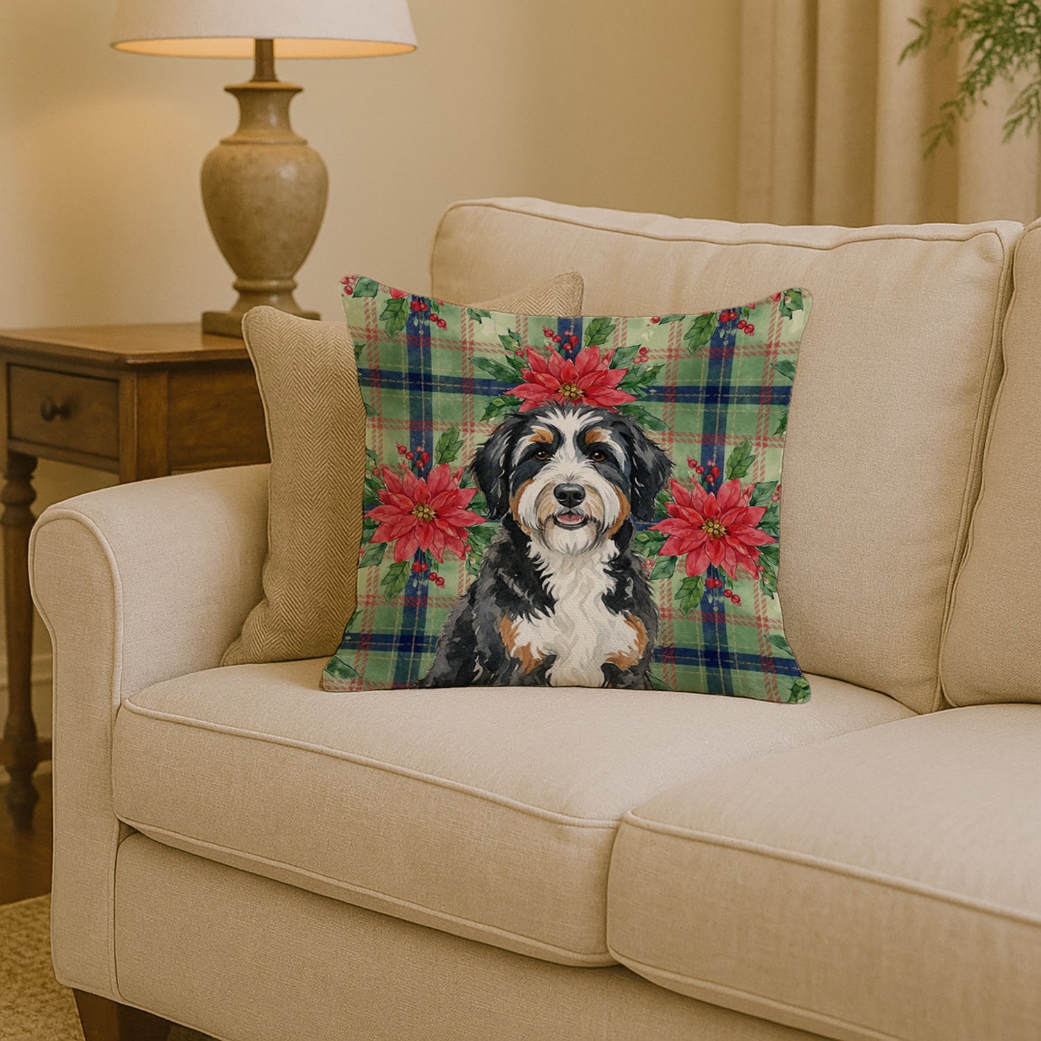 Berndoodle Christmas PoinsettIas Decorative Throw Pillow 14x14 Indoor Outdoor Accent Cushion, Fabric Cover with Insert for Sofa, Bed, Porch & Living Room