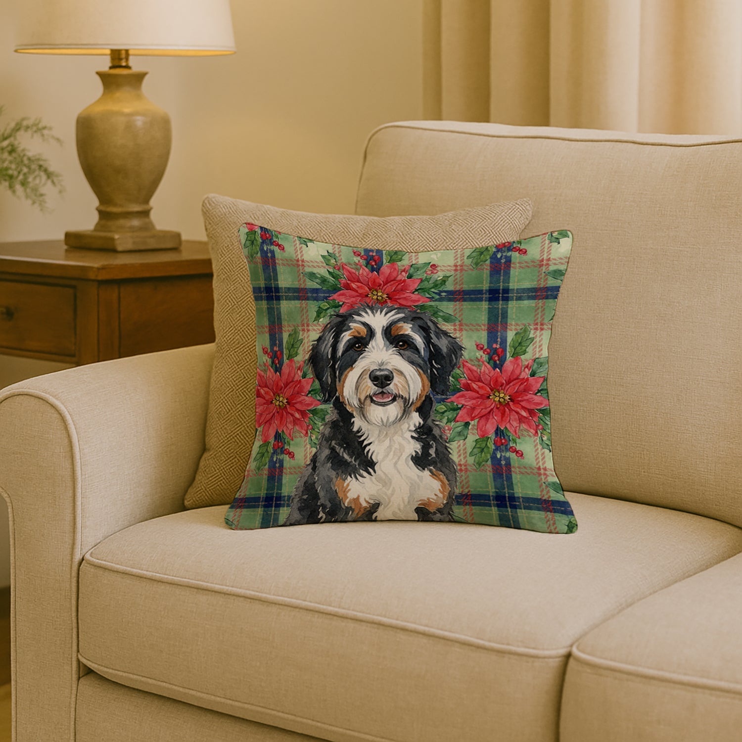 Berndoodle Christmas PoinsettIas Decorative Throw Pillow 18x18 Indoor Outdoor Accent Cushion, Fabric Cover with Insert for Sofa, Bed, Porch & Living Room