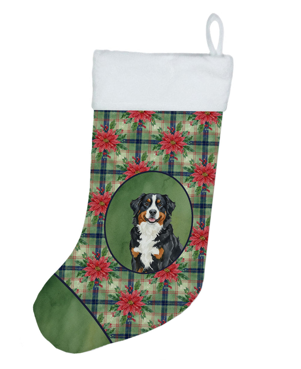 Bernese Mountain Dog Christmas PoinsettIas Holiday Stocking Double-Sided Print, Polyester Suede,11x18, Made in USA