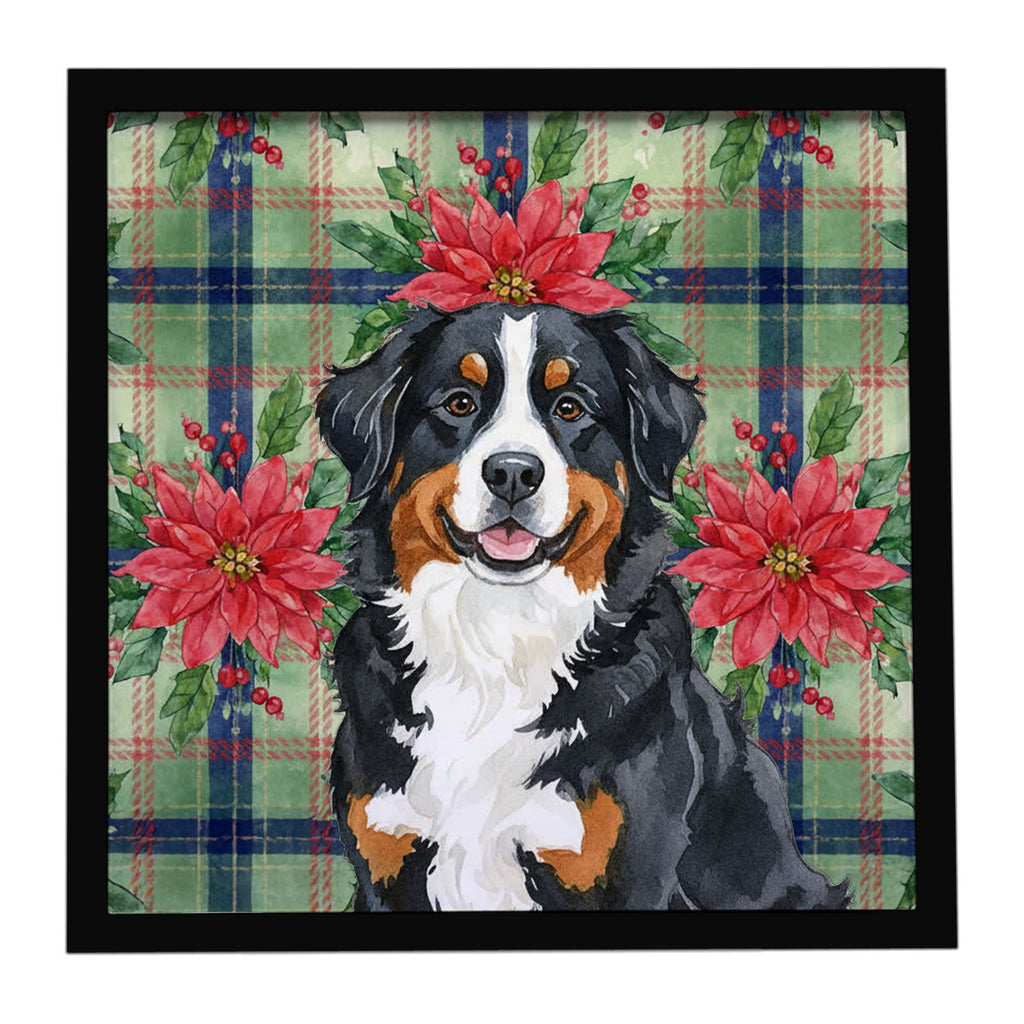 Bernese Mountain Dog Christmas PoinsettIas Framed Metal Print Bathroom, Kitchen, Office, Home Decor Wall Art Ready to Hang, Square, 8X8