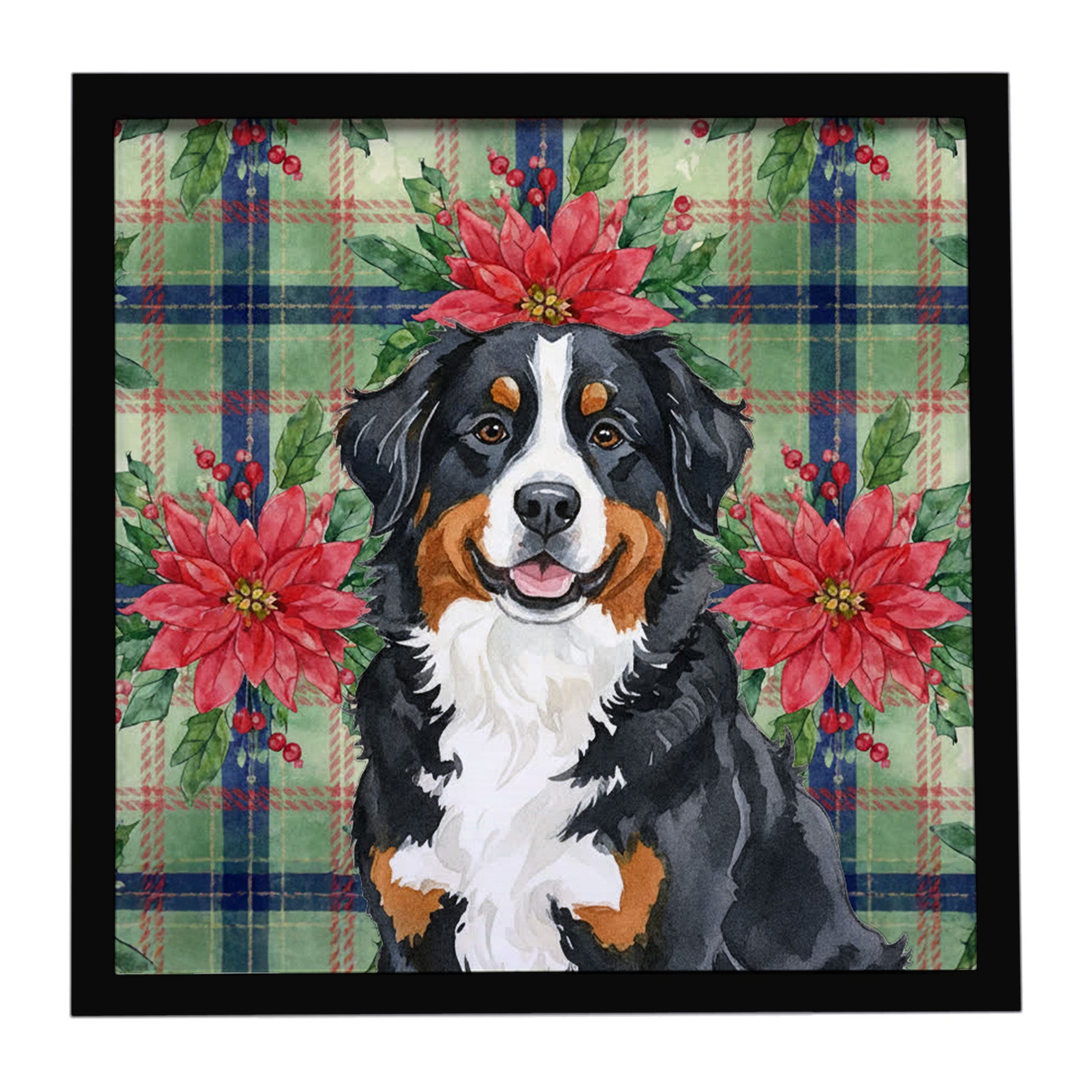 Bernese Mountain Dog Christmas PoinsettIas Framed Metal Print Bathroom, Kitchen, Office, Home Decor Wall Art Ready to Hang, Square, 8X8