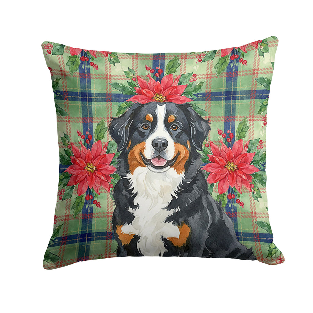 Bernese Mountain Dog Christmas PoinsettIas Decorative Throw Pillow 14x14 Indoor Outdoor Accent Cushion, Fabric Cover with Insert for Sofa, Bed, Porch & Living Room