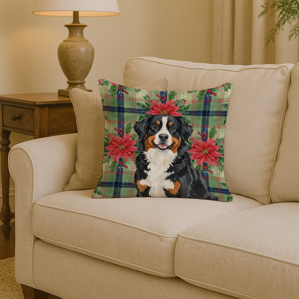 Bernese Mountain Dog Christmas PoinsettIas Decorative Throw Pillow 14x14 Indoor Outdoor Accent Cushion, Fabric Cover with Insert for Sofa, Bed, Porch & Living Room