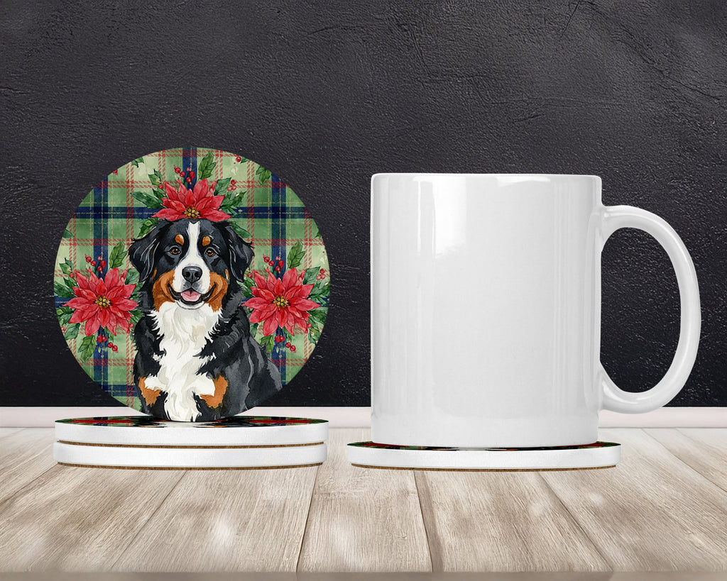 Bernese Mountain Dog Christmas PoinsettIas Large Sandstone Coasters Pack of 4 Absorbent Round Coasters Decor Gifts for Men or Women, 4 in, Multicolor