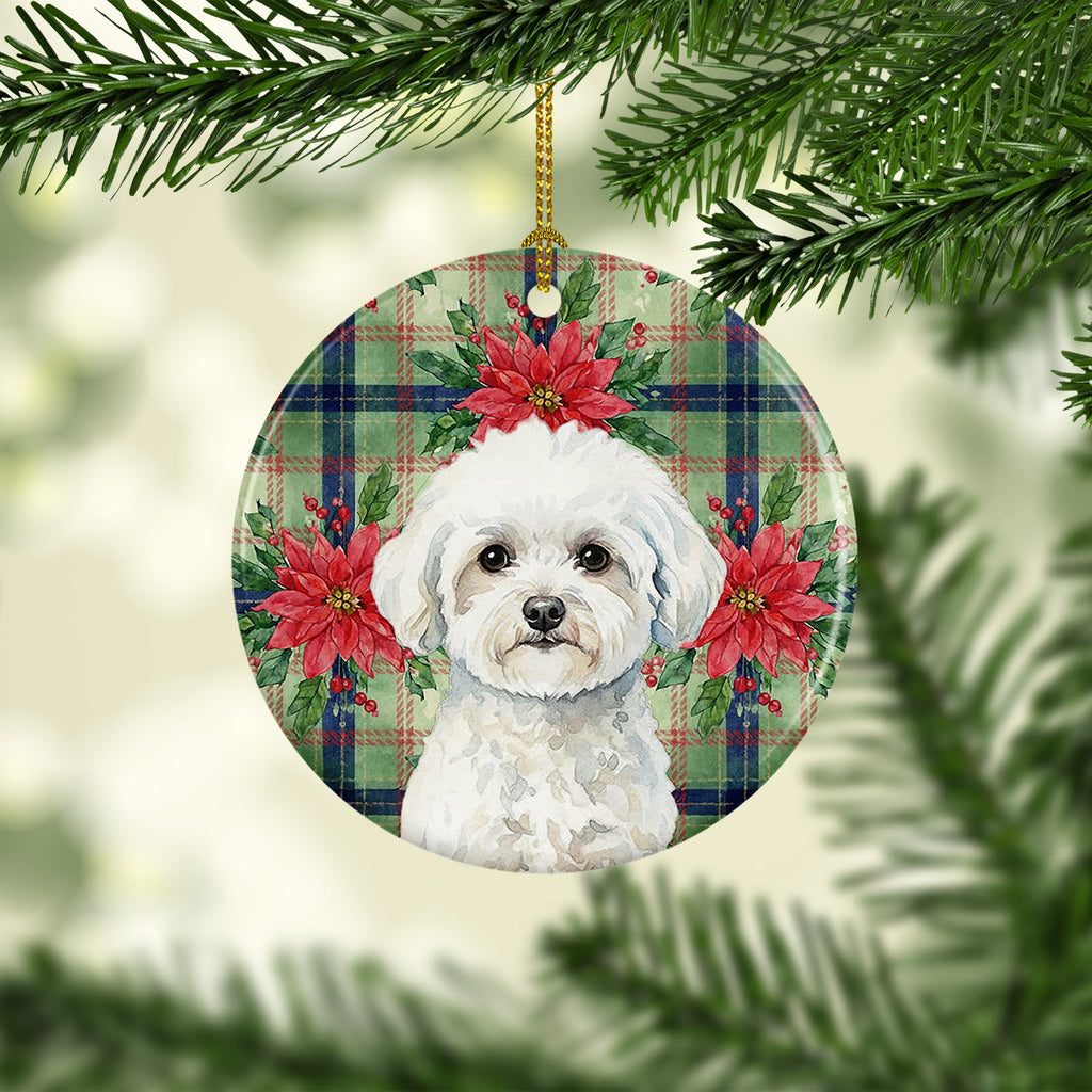 Bichon Frise Christmas PoinsettIas Ceramic Ornament Christmas Tree Hanging Decorations for Home Christmas Holiday, Party, Gift, 3 in, Multicolor