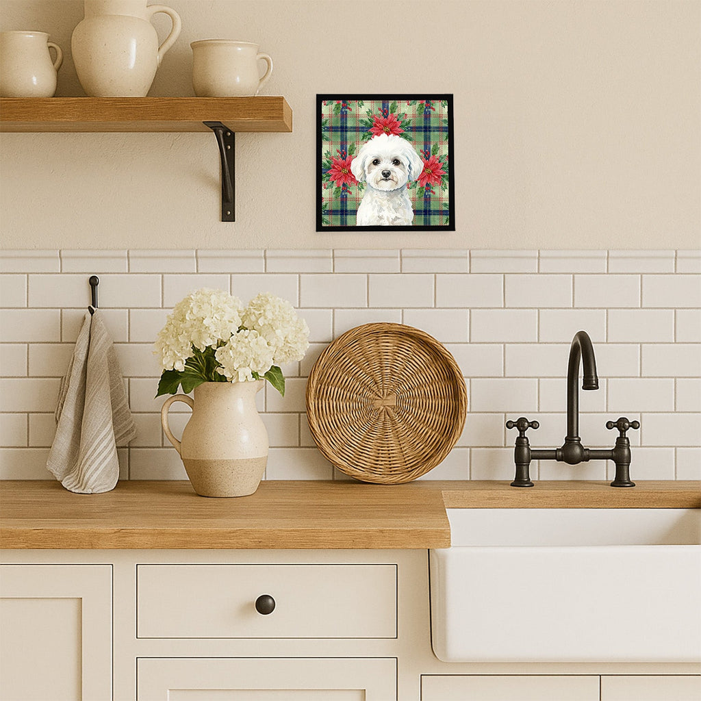Bichon Frise Christmas PoinsettIas Framed Metal Print Bathroom, Kitchen, Office, Home Decor Wall Art Ready to Hang, Square, 8X8