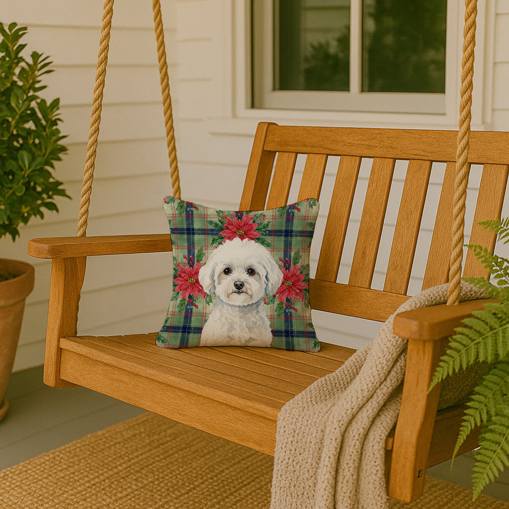 Bichon Frise Christmas PoinsettIas Decorative Throw Pillow 14x14 Indoor Outdoor Accent Cushion, Fabric Cover with Insert for Sofa, Bed, Porch & Living Room