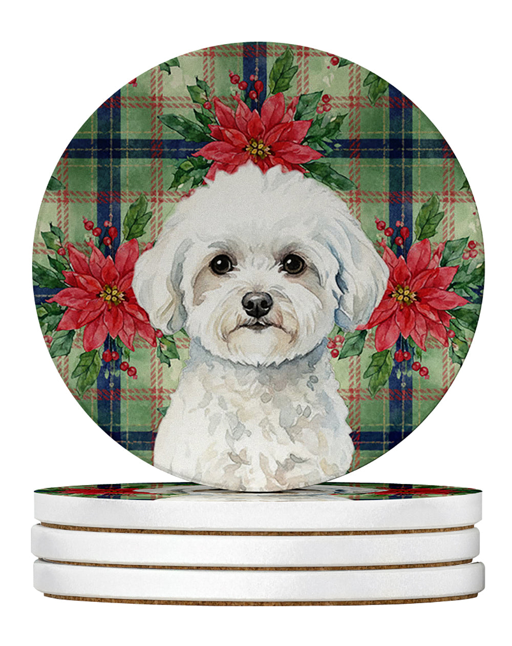 Bichon Frise Christmas PoinsettIas Large Sandstone Coasters Pack of 4 Absorbent Round Coasters Decor Gifts for Men or Women, 4 in, Multicolor