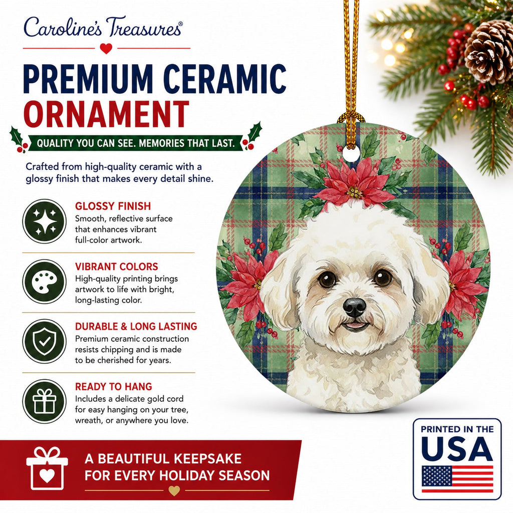 White and Cream Bichon Frise Christmas PoinsettIas Ceramic Ornament Christmas Tree Hanging Decorations for Home Christmas Holiday, Party, Gift, 3 in, Multicolor